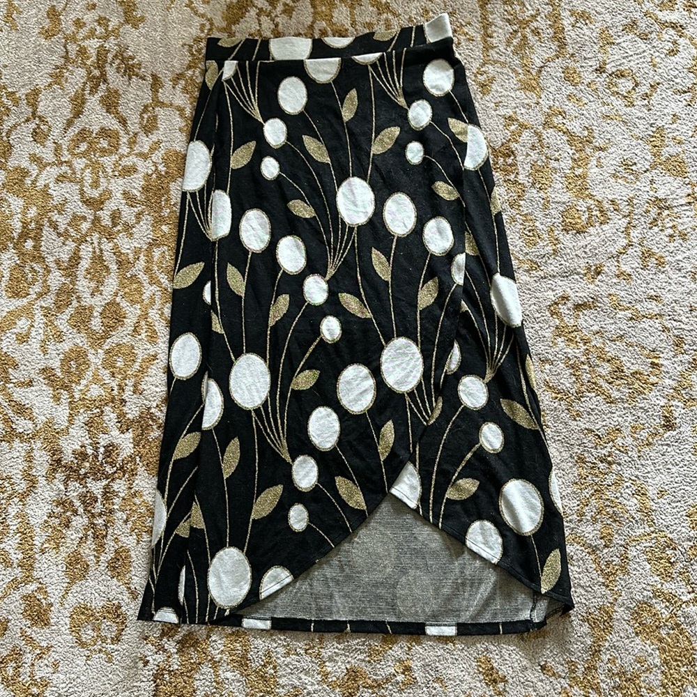 Anthropologie Black Skirt with White Circles and Gold Leaf Embroidery
